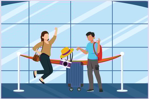 Happy people traveling at airport. Concept of passenger activities at the airport. Colored flat vector illustration isolated.