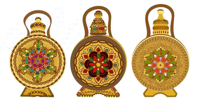 Bulgarian decorative ornate wooden rounded bottles. Vector set isolated on white background