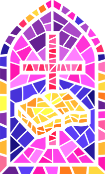 Church glass window. Stained mosaic catholic frame with religious symbol cross and bible book. Color illustration png