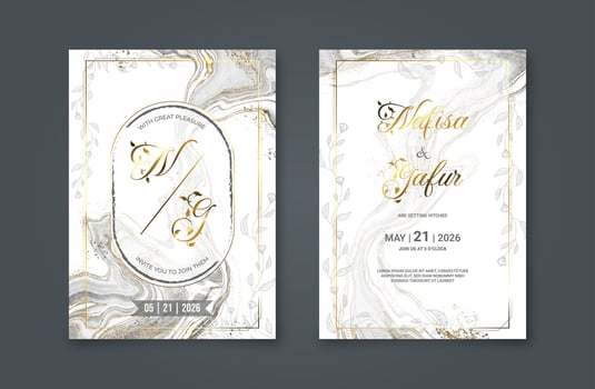 Luxury wedding invitation card with abstract watercolor background and golden line art. Modern monochrome alcohol ink painting background vector