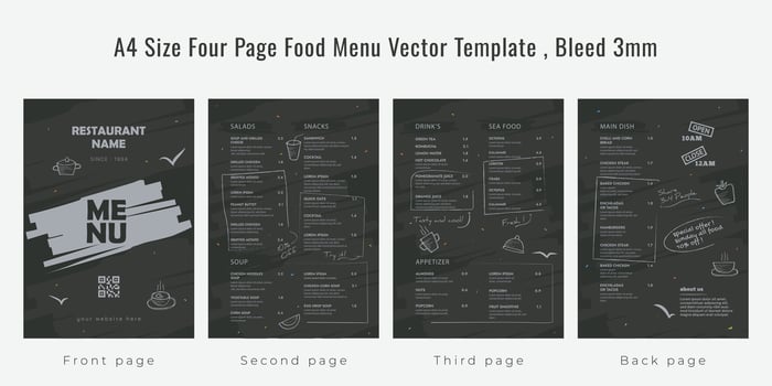 Restaurant cafe menu, template design, A4 size four page food menu template, Bleed 3mm vector