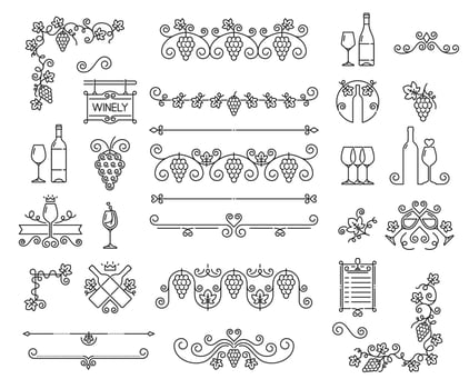 Wine vine outline decor ornaments, grape branch vector