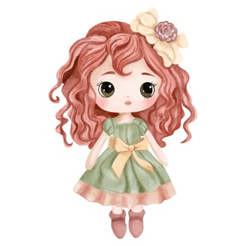 Watercolor doll illustration. Watercolor toys. Cute hand drawn doll vector