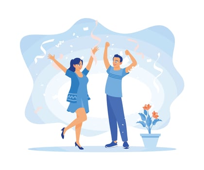 Men and women celebrate happiness together. Raised hands with flying confetti. Celebration concept.  vector illustration.
