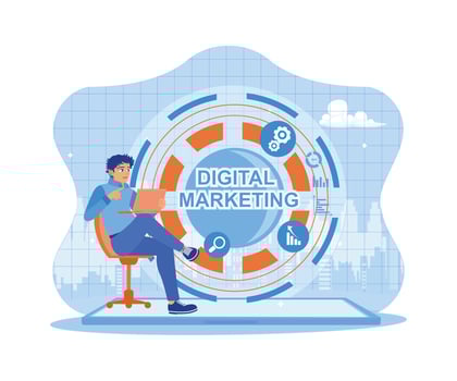 Young man working on laptop in modern office. Optimize SEO, SMM, SEM, and online advertising search engines to improve marketing. Digital marketing networking on modern interface concept. vector