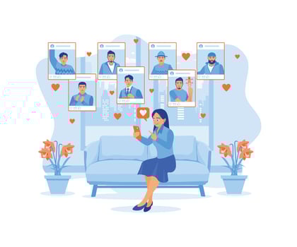 Woman sitting on the sofa at home visiting an online dating site and selecting a man's photo via smartphone. Online Dating concept. Flat vector illustration.
