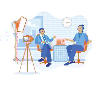 The vlogger makes a podcast with a man in the studio. Content creators broadcast their conversations live on social media. Content Creator concept. Flat vector illustration.