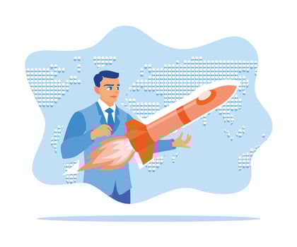 Boss holding rocket in hand. Ready to start a new project. Rocket is launching the boost concept. Flat vector illustration.