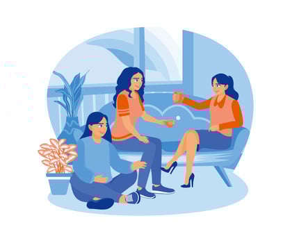 Two beautiful women sitting on the sofa at home and drinking coffee and tea. Female friends are sitting on the floor smiling. Smiling woman friends drinking tea at home. vector
