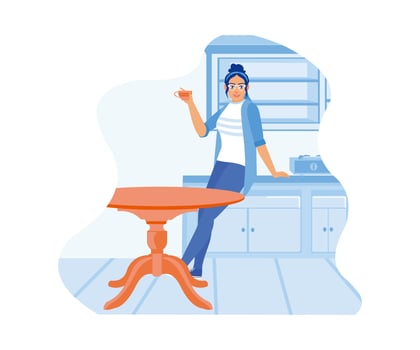 A young woman drinks tea in her kitchen while preparing to leave for work. Enjoy the morning at home. Smiling woman friends drinking tea at home. flat vector modern illustration