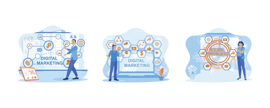 Businessman standing in modern office space. Young man standing in front of laptop and virtual screen. Digital marketing technology with advertising on social media. vector