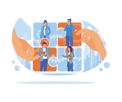 Teamwork management training. Build and manage teams effectively. Team communication. flat vector modern illustration
