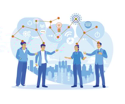 A group of young men communicate on the Internet. Communication mapping. Team communication. flat vector modern illustration