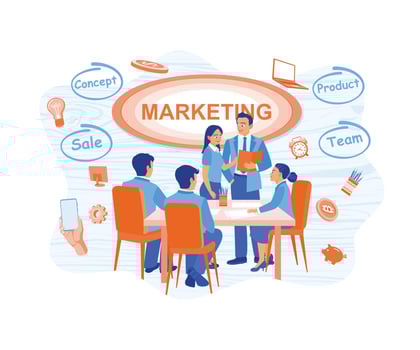 A group of business people gather in a meeting room. Discuss marketing business products. Marketing concept. flat vector modern illustration