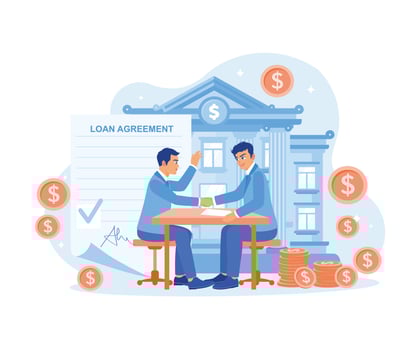 Businessman shaking hands with a bank officer. Agree to an agreement to borrow money from the bank. Approved Loan concept. Flat vector illustration.