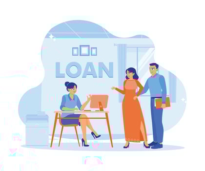 A husband and wife apply for loan approval from a bank officer. Approved Loan concept. Flat vector illustration.