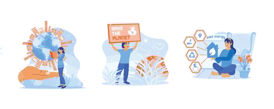 Saving the planet concept. A young woman is standing while reading a book and calling to protect the earth from waste pollution. Environmentally friendly energy saving concept. vector