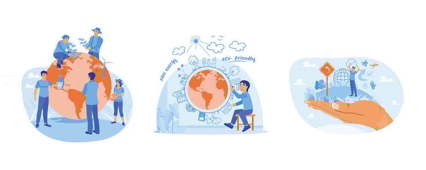Saving the planet concept. Protect and care for the environment. Create creative, environmentally friendly images. Eco is a familiar concept with the globe. set flat vector modern illustration