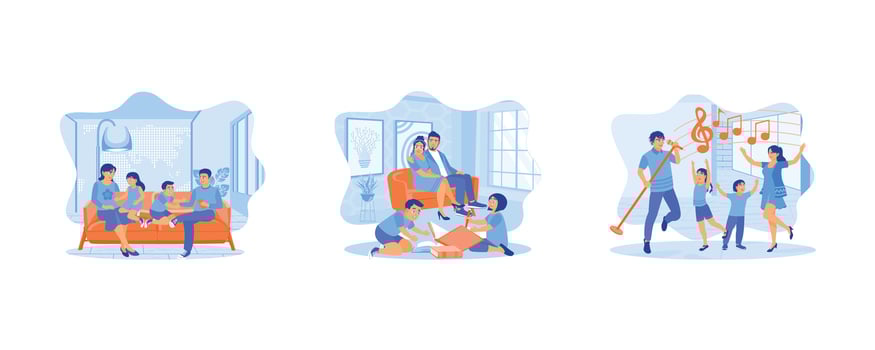 Happy parents and kids having fun tickling sitting together on sofa.  Children sister and brother playing drawing together on floor while young parents relaxing at home on sofa. vector