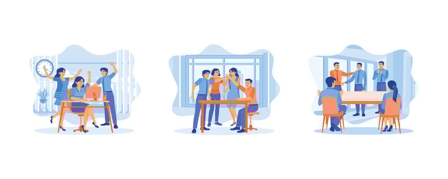 Business team celebrating success.  Group of young business team giving high five and celebrating success at office. People congratulating colleague with business achievements. vector