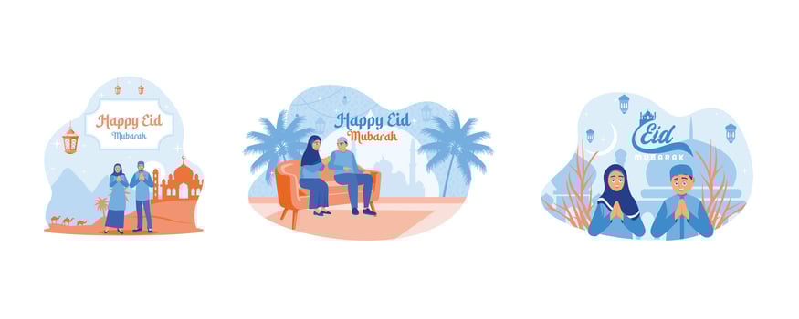 Happy Muslim couple welcoming and celebrating Eid al Fitr. Sitting on the sofa inside the house. Happy Eid Mubarak concept. Set flat vector illustration .