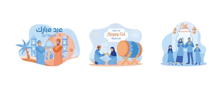 Celebrate Eid al Fitr and forgive each other. Man and woman sitting on the floor. Welcoming Eid al-Fitr with joy. Happy Eid Mubarak concept. Set flat vector illustration.
