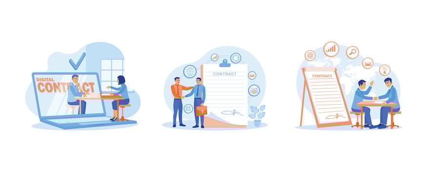 Businessman and colleague signing a digital business contract. Shaking hands after signing a business contract. Approve and sign business contracts. Contract agreement concept. vector
