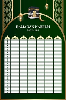 Ramadan holy month calendar schedule. Posters or banners for prayer, fasting and breaking the fast. vector