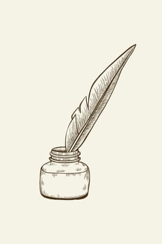 illustration of Inkwell dip pen and feather in vintage engraved style. vector