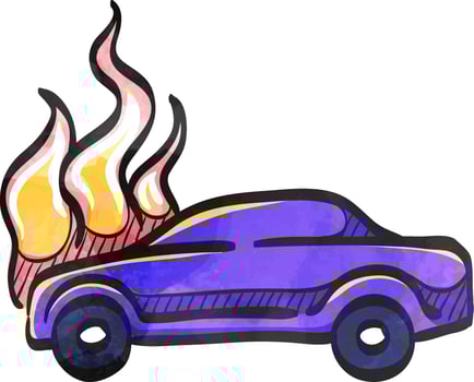 Car on fire icon in color drawing. Automotive transportation accident accident burned insurance claim vector