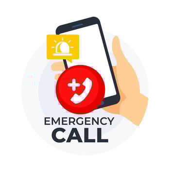 Hand holding a smartphone with an emergency call icon and alert notification symbol vector
