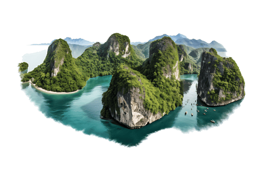 AI generated Mountain trees on beautiful sea islands and isolated stones on PNG background