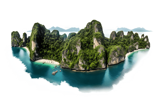AI generated Mountain trees on beautiful sea islands and isolated stones on PNG background