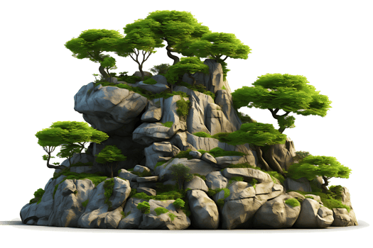 AI generated Mountain trees on beautiful sea islands and isolated stones on PNG background