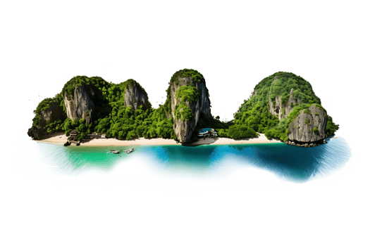 AI generated Mountain trees on beautiful sea islands and isolated stones on PNG background