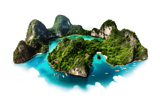 AI generated Mountain trees on beautiful sea islands and isolated stones on PNG background