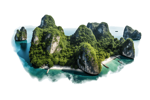 AI generated Mountain trees on beautiful sea islands and isolated stones on PNG background