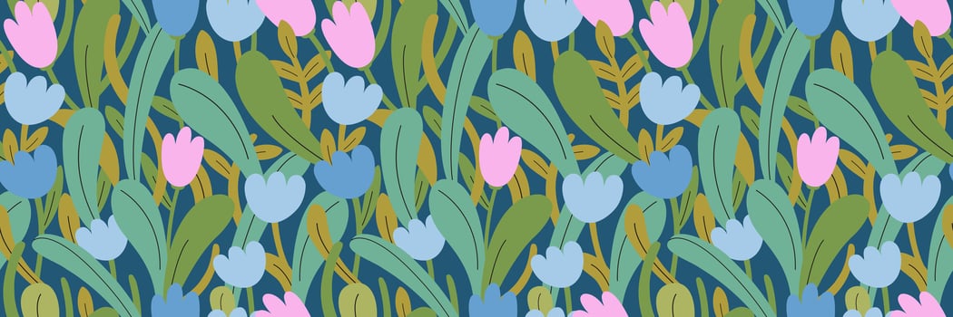 Seamless floral pattern. Spring Small flowers and leaves, tulips on dark background. Floral print. Floral print for your design, clothes, wrapping paper, packaging. Vector flat illustration.