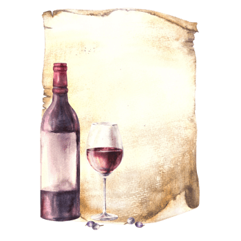 Wine bottle and glass on old papyrus leaf background, menu, wine list. Wine making template. Watercolour hand draw food illustration  for your print of sticker, flyers, drink, card png
