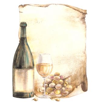 Wine bottle and glass on old papyrus leaf background, menu, wine list. Wine making template. Watercolour hand draw food illustration background for your print of sticker, flyers, drink, card png