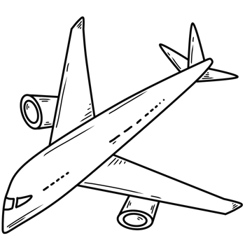 black line art of airplane on a  transparent background, coloring book art supply for kids png