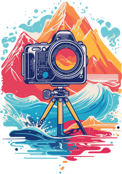 AI generated graphic vintage photo camera on sea and mountains background png