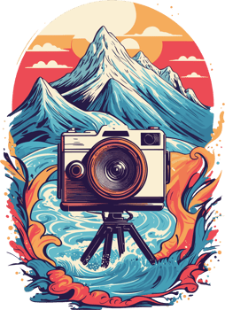 AI generated graphic vintage photo camera on sea and mountains background png