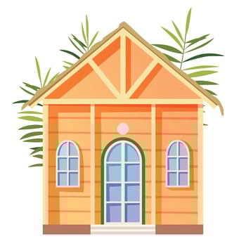 Vector illustration of a beach house facade with palm leaves. Wooden bungalow with large windows and timber planks - front view