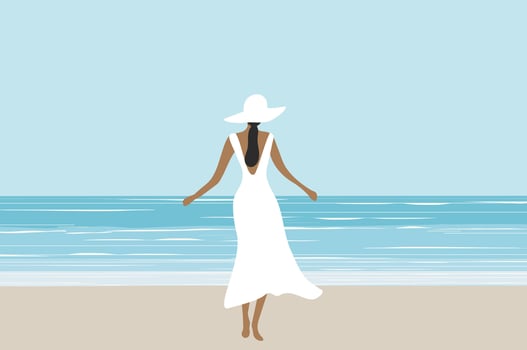 Beautiful woman in white dress on the beach vector illustration. Summer holidays beach concept