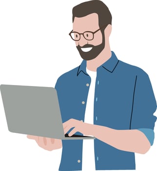 Successful caucasian young man student freelancer using laptop vector