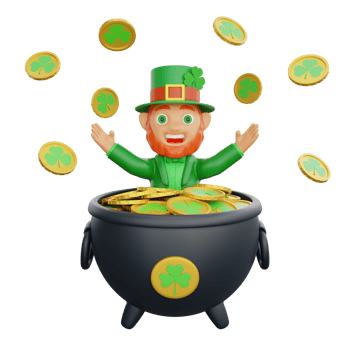 3D illustration of St. Patrick's Day character leprechaun inside a cauldron surrounded by golden coins png