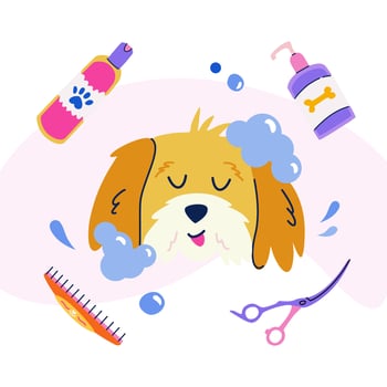 Pet grooming concept. Cute bathing dog in soapy foam. Curved scissors, dog shampoo, coat conditioner. Flat cartoon vector frame for post, banner, poster, postcard