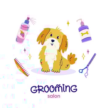 Grooming salon. Cute happy dog in flat cartoon style. Dog conditioner, blending scissors, cologne for pet grooming. Vector logo design with handwritten typography for banner, poster, postcard