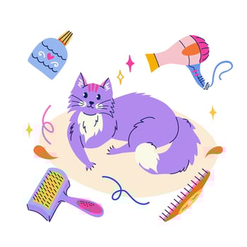 Cute lying purple cat in flat cartoon style. Set of equipment and cosmetics for pet grooming. Vector isolated illustration for sticker, banner, poster, postcard